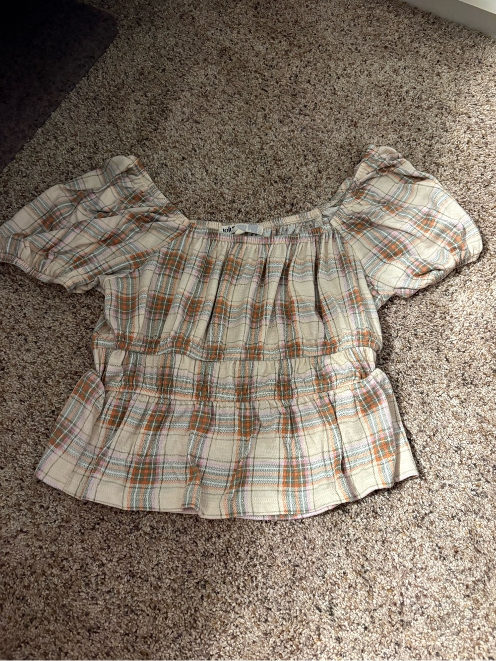 Jolt Cream Plaid Puff-Sleeve Peasant Top with Orange Accents